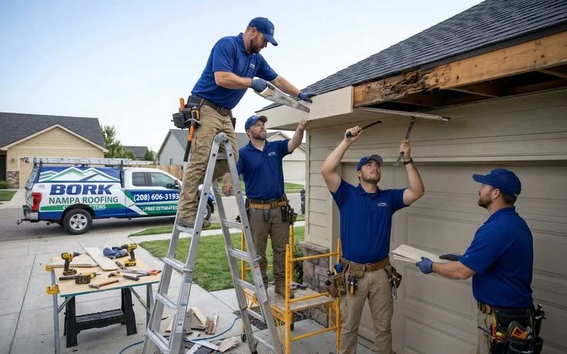 Bork Nampa crew repairing and replacing damaged fascia board and soffit panels on residential eave in Nampa Idaho