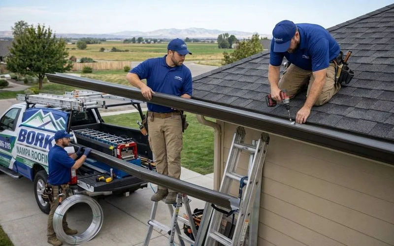 Bork Nampa crew installing seamless aluminum gutters on a residential roofline in Nampa Idaho