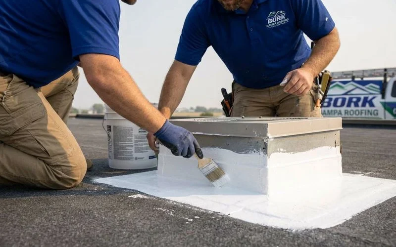Close up of seamless silicone roof coating being applied around HVAC curb and penetrations on commercial flat roof in Nampa