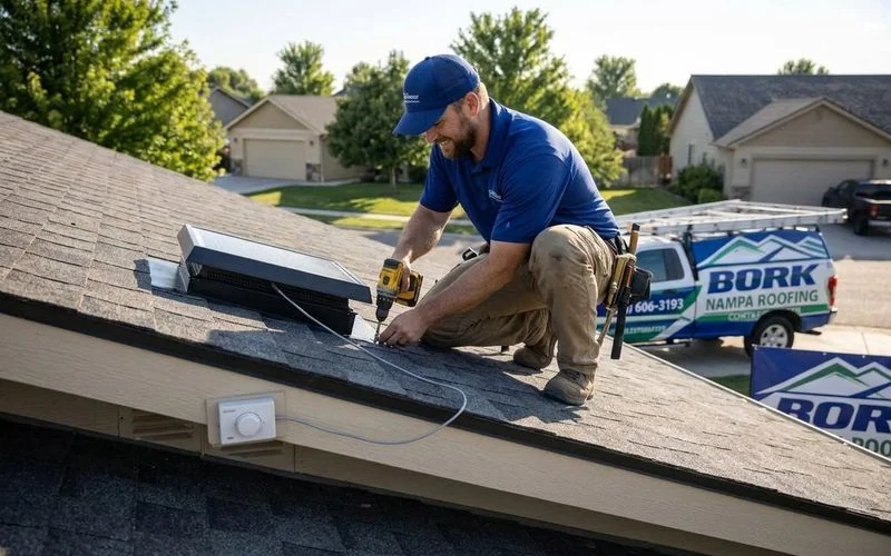 Powered attic fan with thermostat control installed on residential roof to improve ventilation during hot Nampa Idaho summers