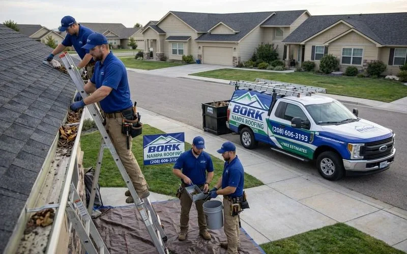 Professional gutter cleaning and debris removal as part of comprehensive roof maintenance program in Nampa Idaho