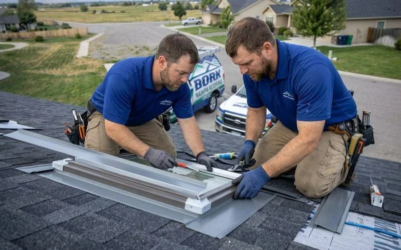 Roofing crew installing manufacturer flashing kit around skylight ensuring watertight integration with shingles on Nampa home