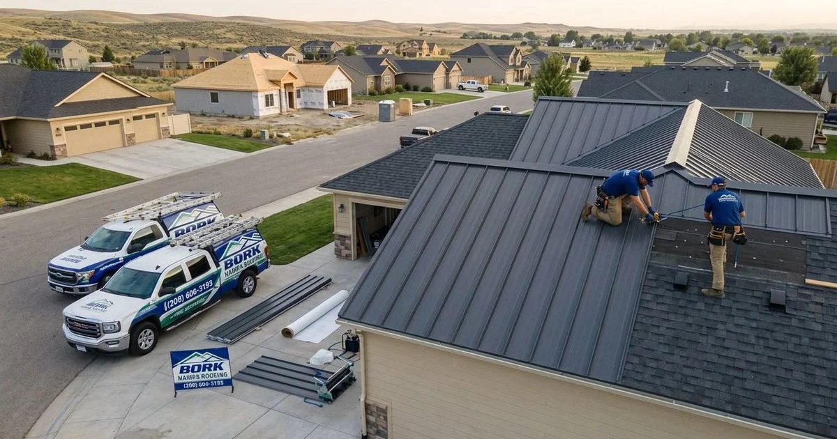 Aerial view of standing seam metal roof on modern Idaho home showing raised vertical seams and clean architectural profile