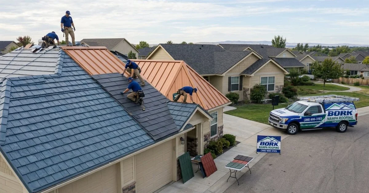 Beautiful residential street in Idaho neighborhood with homes featuring various metal roof styles and colors showing curb appeal options