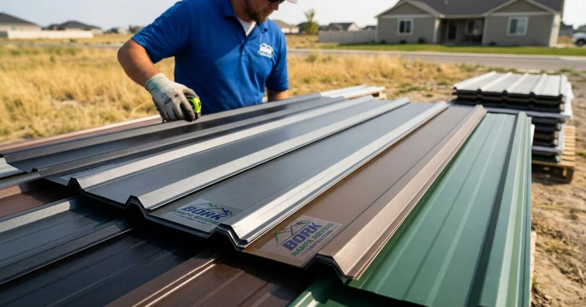Close-up of modern coated metal roofing panels showing protective finish layers and color options available for residential installations
