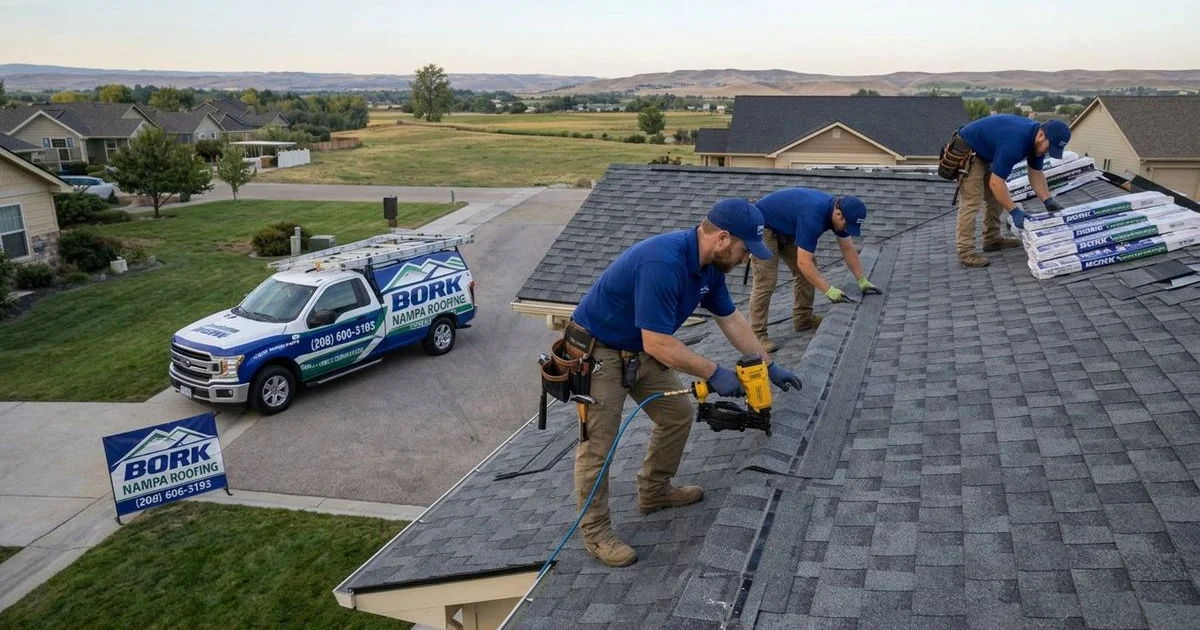 Completed commercial roofing project on Treasure Valley industrial building showing professional membrane installation and drainage system