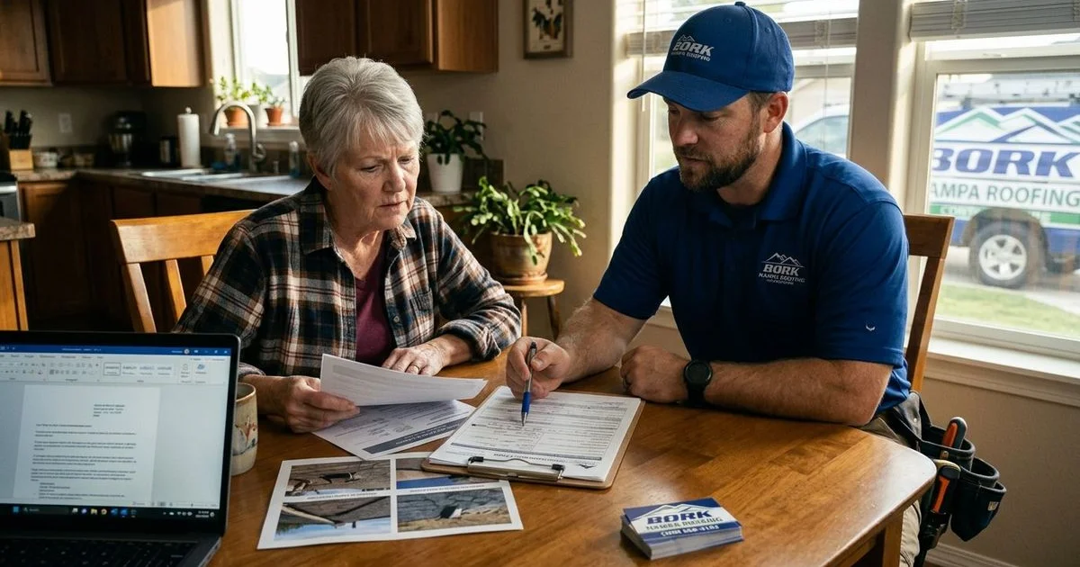 Idaho homeowner reviewing roof damage insurance claim documents and photos