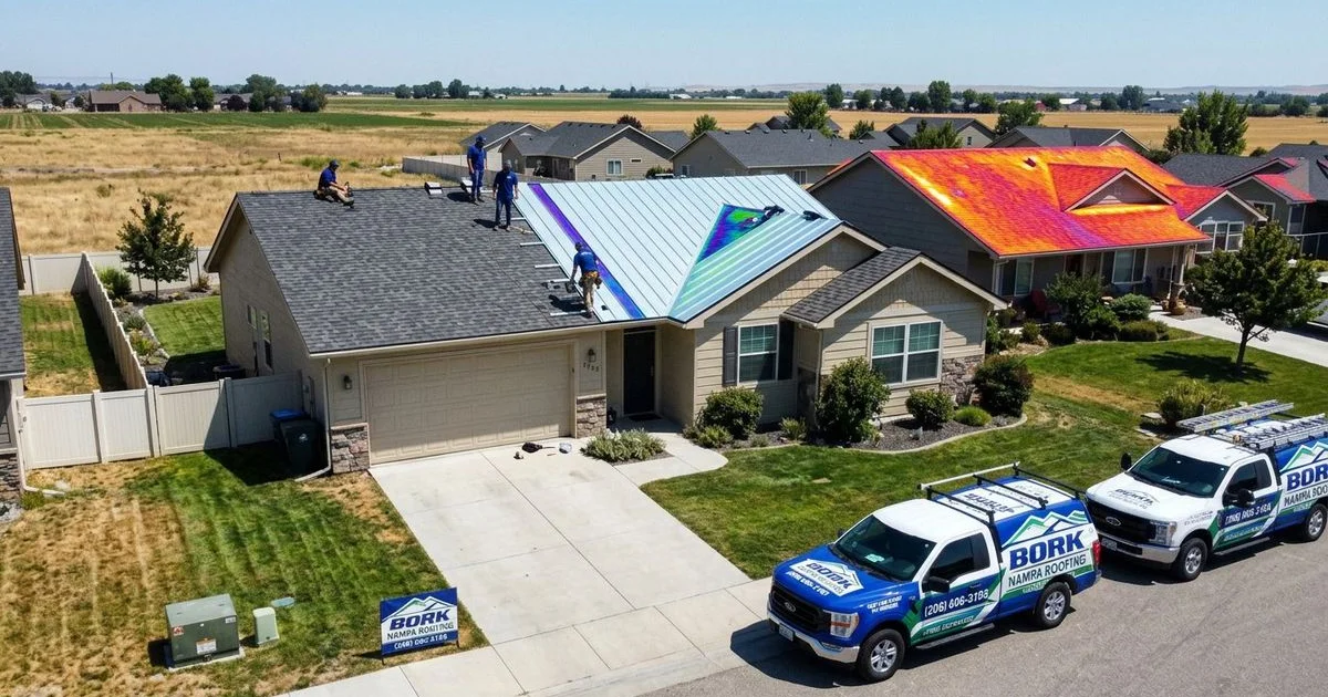 Infrared thermal image comparison showing heat absorption differences between metal roofing and asphalt shingles on sunny summer day