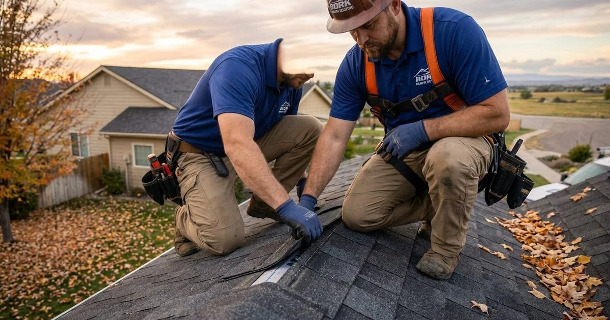 Professional roofer inspecting shingles on residential home in fall season preparing for winter weather in Nampa Idaho