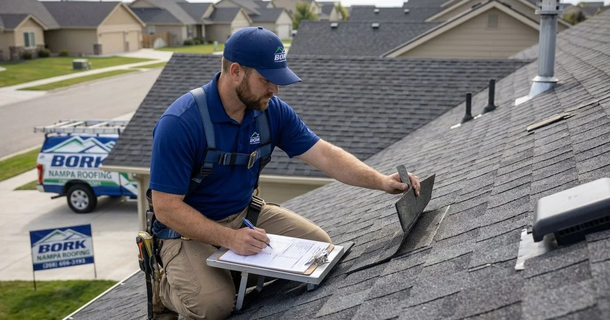 Professional roof inspector examining shingles on an Idaho residential home