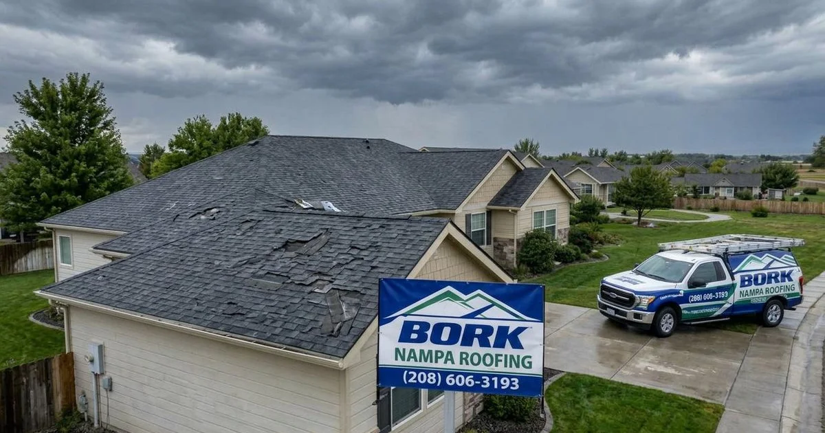 Hail-damaged residential roof in Nampa Idaho after a severe thunderstorm