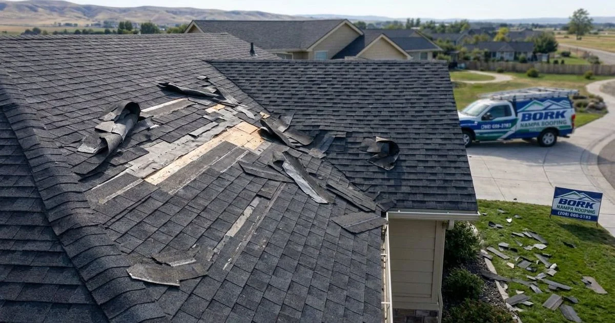 Wind-damaged roof with lifted shingles after an Idaho windstorm