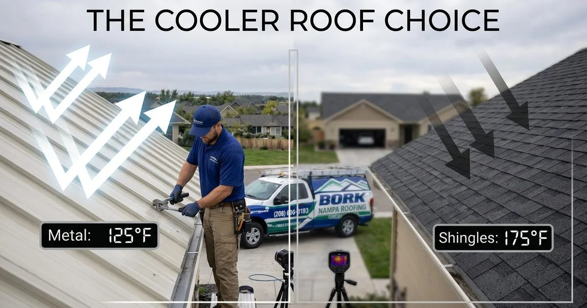 Side-by-side comparison showing energy efficiency of metal roof versus asphalt shingles with heat reflection arrows and temperature readings