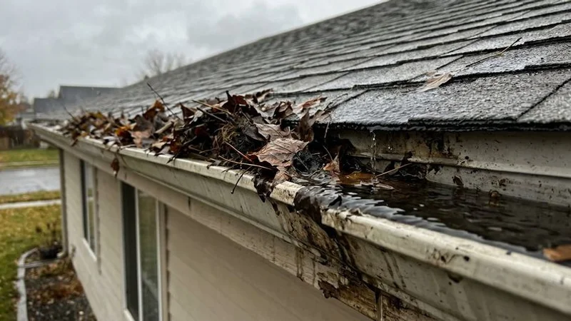 Residential gutter overflowing with leaves and debris during rain causing water to back up along the roof edge and potentially create ice dams