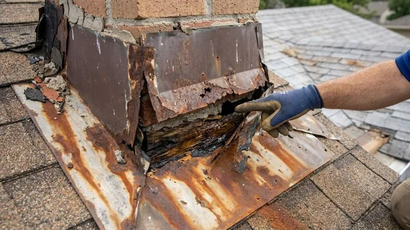 Close-up of corroded and separated roof flashing around a chimney base showing gaps where water can penetrate into the roof structure beneath