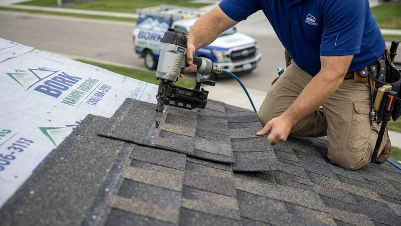Close-up of premium architectural shingles being professionally installed on residential roof showing quality workmanship and dimensional material profile