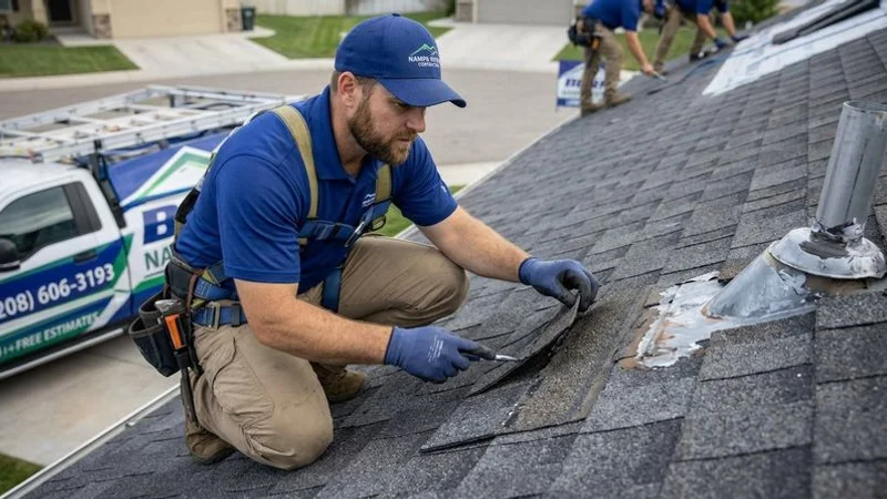 Close-up of roofing inspector checking shingle granule condition and flashing seals during professional roof inspection on Idaho residential home