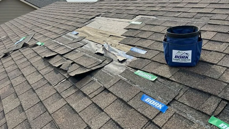 Close-up view of wind damaged residential roof showing lifted shingle tabs broken adhesive seals and exposed underlayment needing professional repair