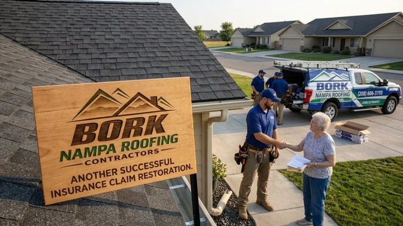 Completed roof replacement on Idaho home after successful insurance claim showing new architectural shingles and clean professional installation quality