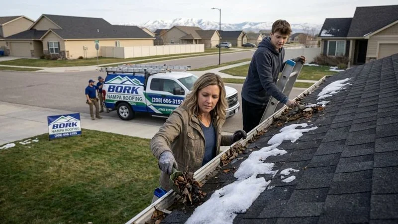 Homeowner inspecting roof edge and cleaning gutters in spring after Idaho winter with melting snow and clear skies in Treasure Valley neighborhood