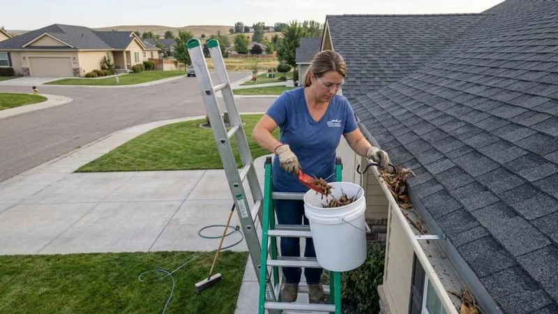 Homeowner safely cleaning gutters from a stable ladder at single-story residential home in Idaho with tools and gloves for routine maintenance