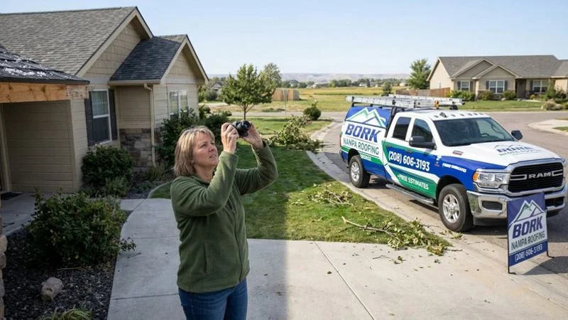 Homeowner safely inspecting exterior property damage from ground level after Idaho hailstorm while avoiding roof access for personal safety