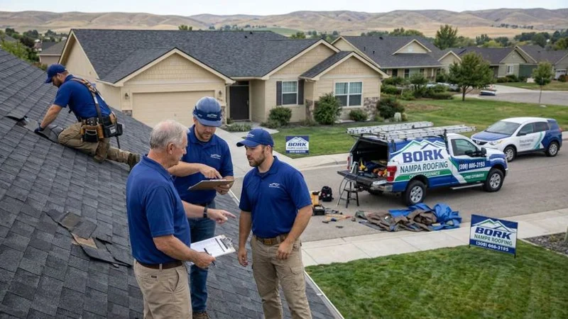 Insurance adjuster meeting with homeowner and roofing contractor at Idaho residential property to assess and document storm damage to roof together