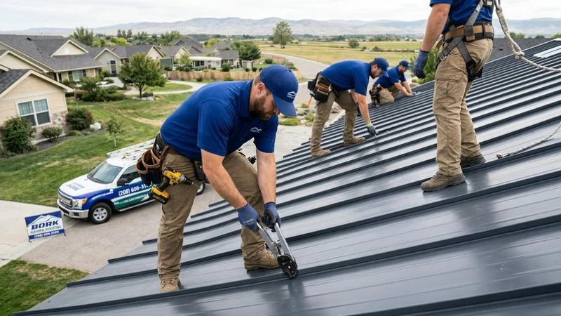 Professional roofing contractor installing standing seam metal panels on residential home in Treasure Valley Idaho with mountain backdrop