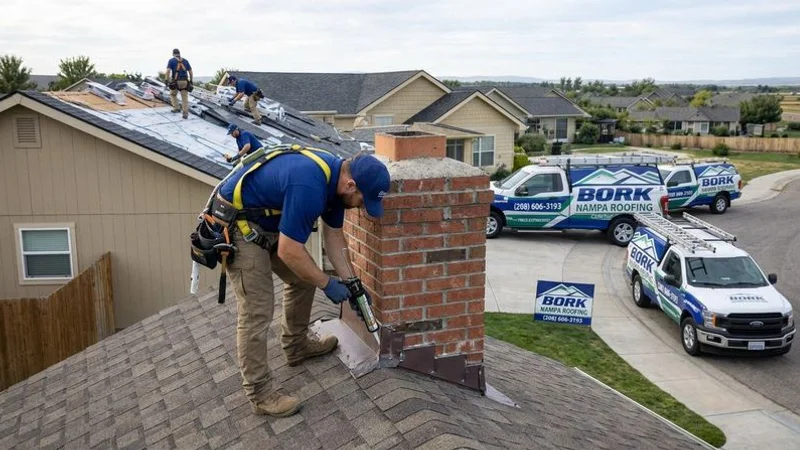 Professional roofing contractor wearing safety harness inspecting and repairing damaged flashing around a brick chimney on a steep residential roof