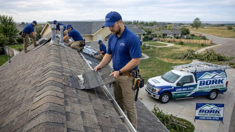 Professional roofing contractor inspecting residential roof ridgeline and edges for wind damage after severe Idaho Treasure Valley windstorm event