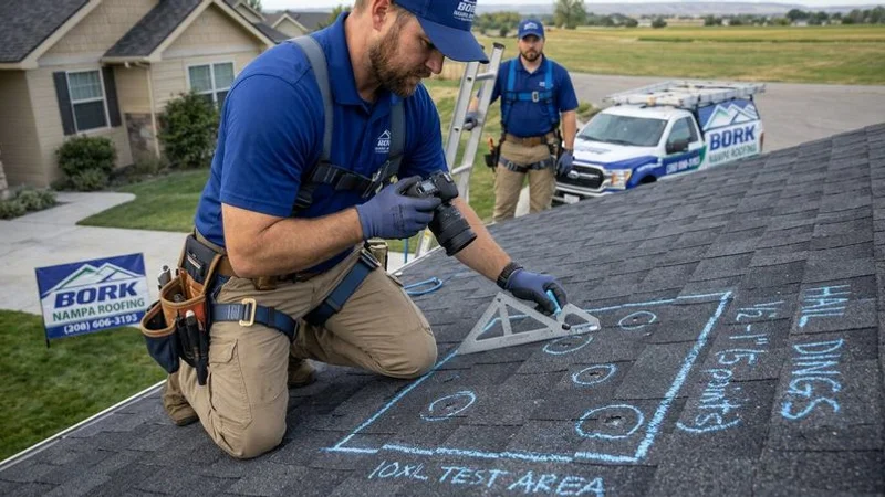 Professional roofing contractor performing detailed hail damage inspection on residential roof with documentation tools and safety equipment in Idaho