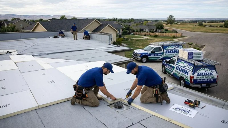 Professional roofing crew installing tapered insulation system on commercial flat roof to create positive drainage slope and eliminate ponding water