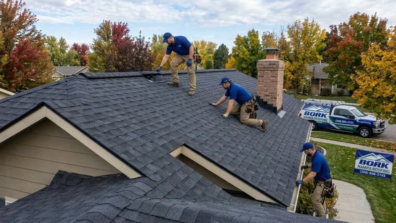 Professional roofing team conducting thorough fall inspection on Idaho residential roof checking ventilation flashing and shingle condition before winter
