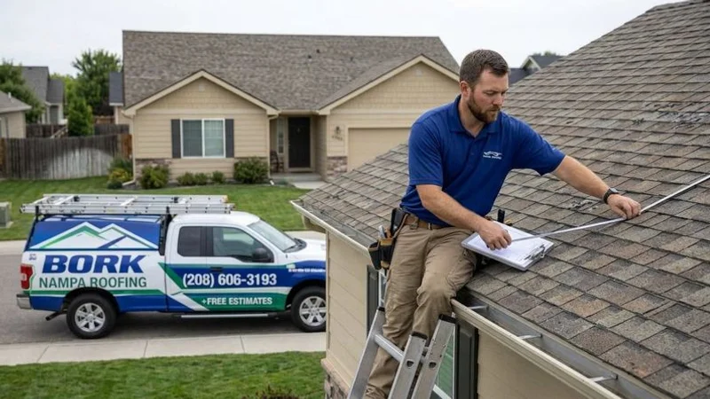 Residential home in Nampa Idaho with an older roof showing signs of wear and a roofing contractor measuring the roof area for a replacement estimate