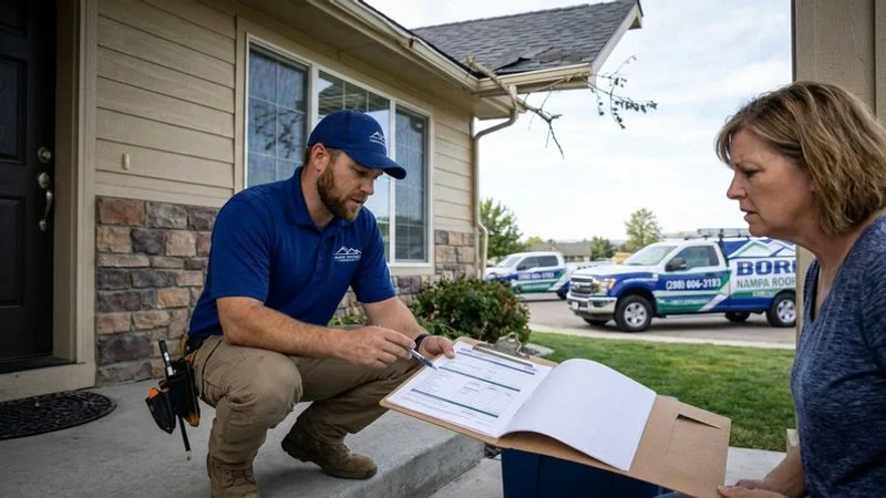 Professional roofing contractor reviewing insurance claim documentation with homeowner while standing near home with visible roof damage