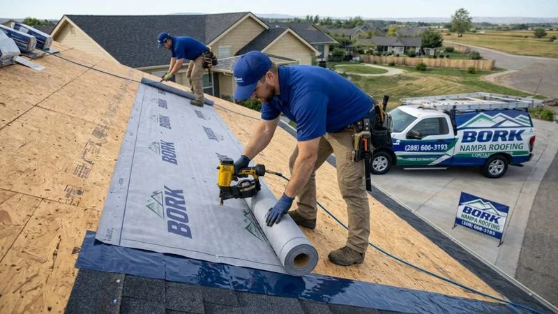 Roofing crew installing synthetic underlayment and ice shield membrane on exposed roof deck of a residential home before applying new shingles