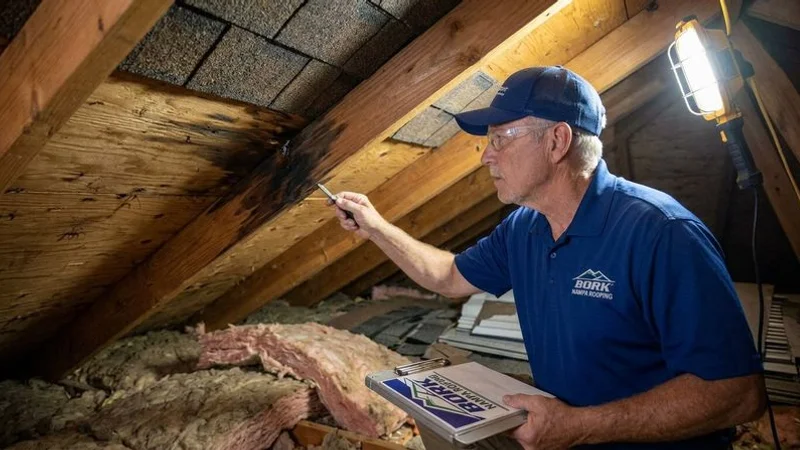 Roofing inspector examining the underside of an older residential roof from the attic checking for moisture damage and structural condition assessment