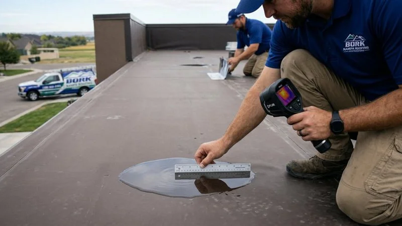 Roofing professional inspecting and measuring ponding water depth on commercial flat roof using measuring tools for maintenance assessment report