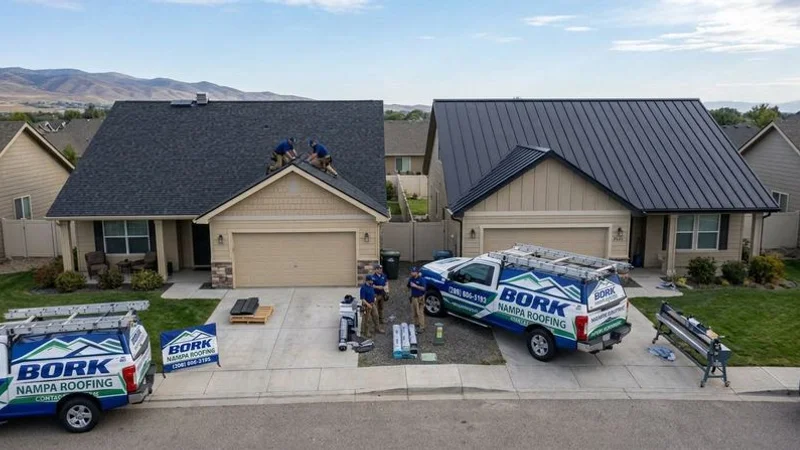 Side-by-side view of an asphalt shingle roof and a standing seam metal roof on neighboring Idaho homes showing the visual difference between materials